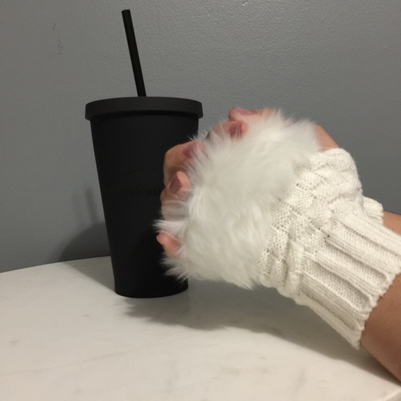 🆕 Fingerless Gloves🎁Faux Fur Trim❄️Knit Mitten🎄 - Picture 3 of 4